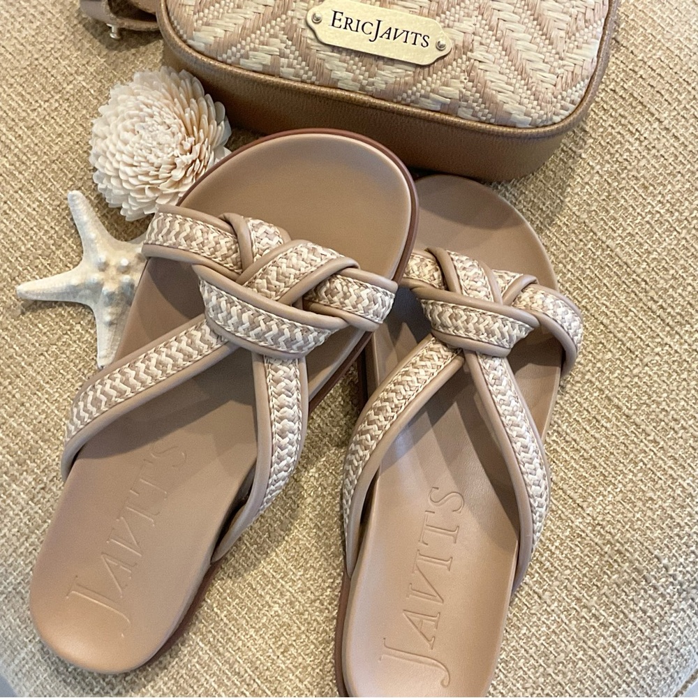 Eric Javits Notti Peanut Straw Espadrille Slides Size 8.5, EUC